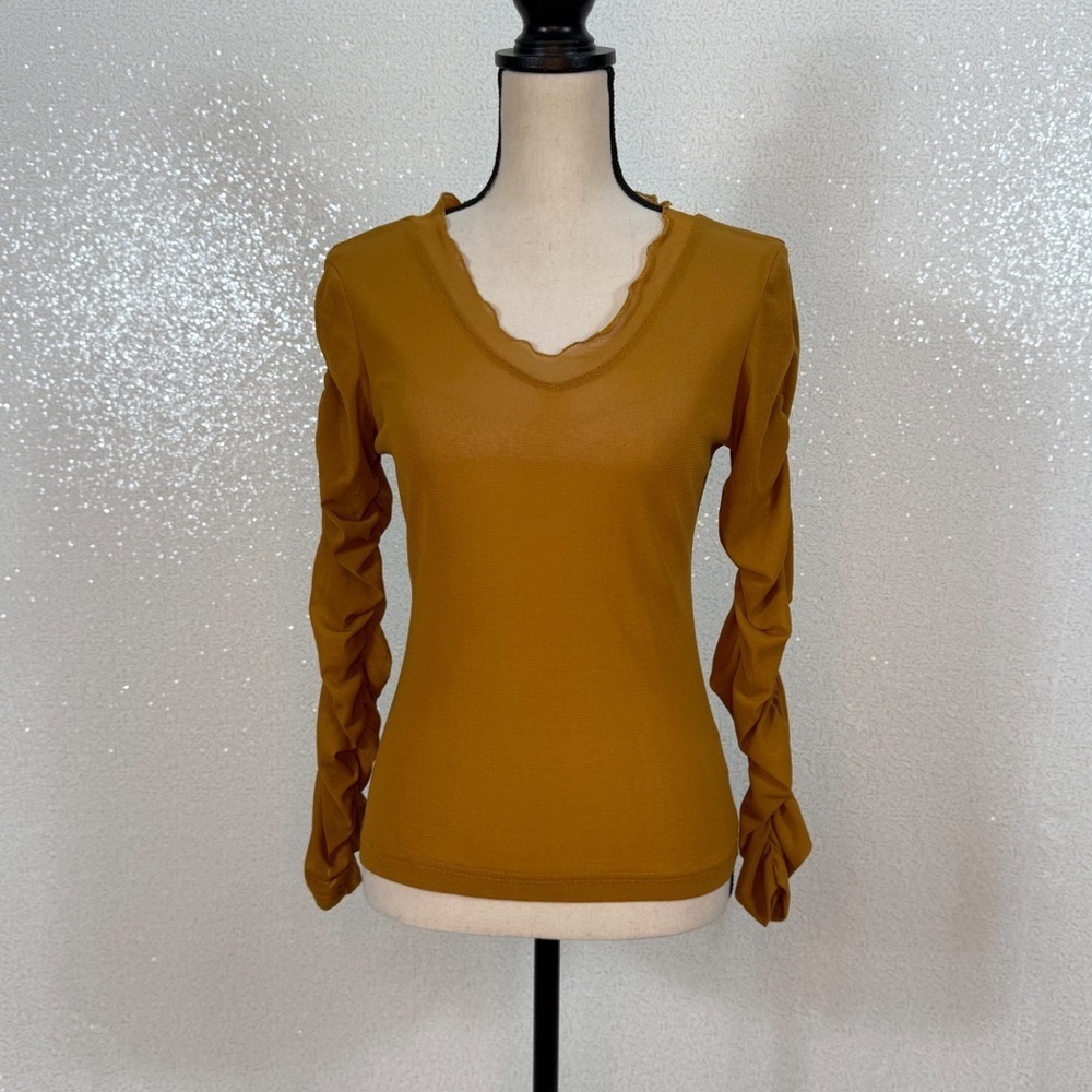 BRACHA Mustard Sheer Mesh Ruched Long Sleeve Top Women’s Medium Stretch V Neck - Picture 5 of 11